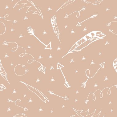 Kahverengi renklerde doodle okları ve tüyleri ile dikişsiz vektör deseni
