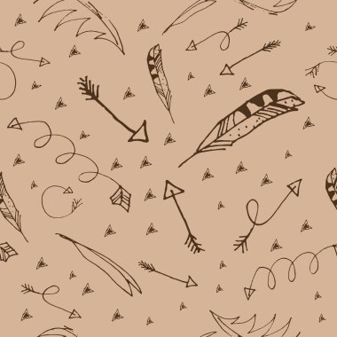 Kahverengi renklerde doodle okları ve tüyleri ile dikişsiz desen