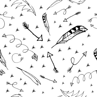 Beyaz arka plan üzerinde doodle okları ve tüyleri ile vektör dikişsiz desen