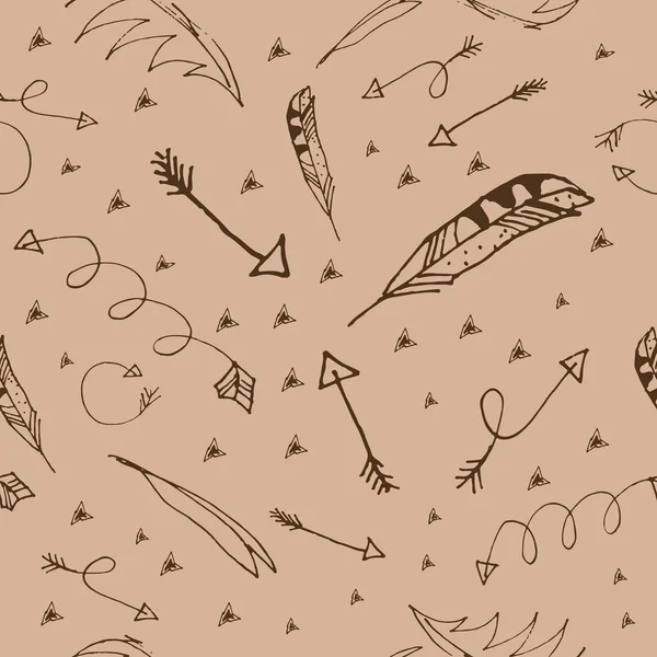 Kahverengi renklerde doodle okları ve tüyleri ile dikişsiz desen