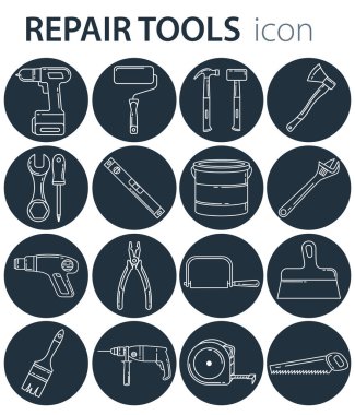 Yapı araçları simgeleri kümesi. Anahat stili. Gibi rozetleri içerir: matkap, tornavida, pliers, testere, anahtar, çekiç, macun bıçağı, boya rulo, balyoz, balta.
