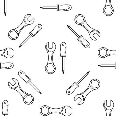 Tornavida ve anahtar beyaz arka plan üzerinde izole dikişsiz desen. apartman yenileme ve onarım araçları teması üzerinde llustration.