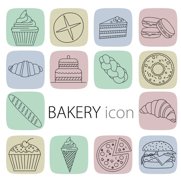 Conjunto de iconos de panadería de construcción. Estilo de contorno. Set de iconos web de línea delgada. Incluye insignias tales como: magdalena, pan, pastel, galleta, croissant, baguette, pizza, cuerno, helado, hamburguesa, mimbre . — Vector de stock