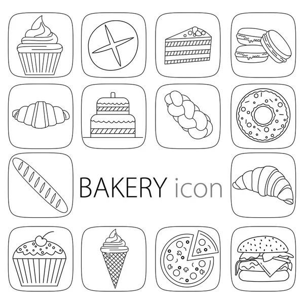 Conjunto de iconos de panadería de construcción. Estilo de contorno. Set de iconos web de línea delgada. Incluye insignias tales como: magdalena, pan, pastel, galleta, croissant, baguette, pizza, cuerno, helado, hamburguesa, mimbre . — Vector de stock