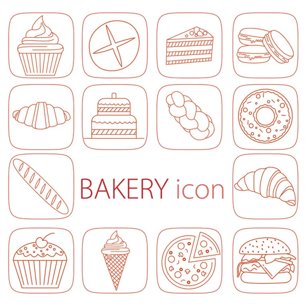 Conjunto de iconos de panadería de construcción. Estilo de contorno. Set de iconos web de línea delgada. Incluye insignias tales como: magdalena, pan, pastel, galleta, croissant, baguette, pizza, cuerno, helado, hamburguesa, mimbre . — Vector de stock