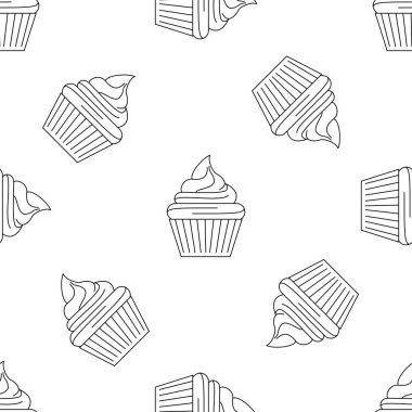 Simgeler ile Kek dikişsiz desen. Stil Anahattı. fırın ürünleri ve ekmek pişirme teması üzerine illüstrasyon. Vektör arka planı.