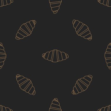 Simgeleri ile Kruvasan dikişsiz desen. Stil Anahattı. fırın ürünleri ve ekmek pişirme teması üzerine illüstrasyon. Vektör arka planı.
