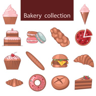 İnşaat fırın dükkanı simgeleri ayarlayın. Renkli simge. Düz tarzı izole. Vektör illüstrasyon. Cupcake, ekmek, kek, bisküvi, kruvasan, baget, pizza, boynuz, dondurma, burger, hasır.