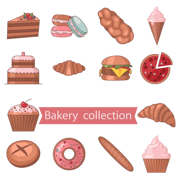 Conjunto de iconos de panadería de construcción. Icono de color. Estilo plano aislado. Ilustración vectorial. Magdalena, pan, pastel, galleta, croissant, baguette, pizza, cuerno, helado, hamburguesa, mimbre . — Vector de stock