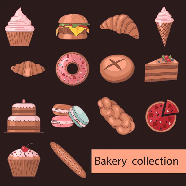 Conjunto de iconos de panadería de construcción. Icono de color. Estilo plano aislado. Ilustración vectorial. Magdalena, pan, pastel, galleta, croissant, baguette, pizza, cuerno, helado, hamburguesa, mimbre . — Vector de stock