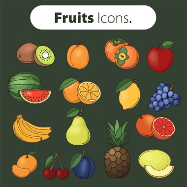 Meyve simgeleri kümesi. Vektör illüstrasyon. Renkli simge.