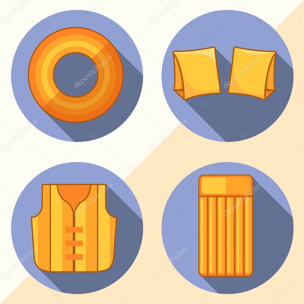 Modern flat icons vector collection with shadow effect. Isolated on colored background. Inflatable vest, mattress, lifebuoy and armbands. Summer theme.