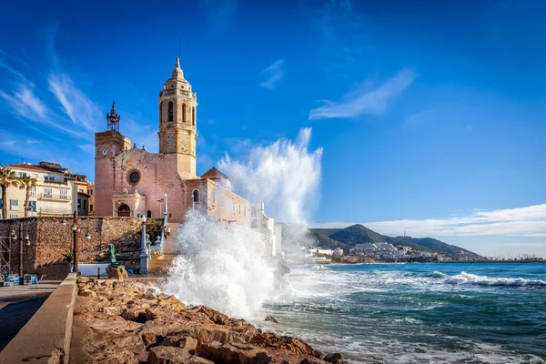 Sitges Egy Város Közelében Barcelona Catalunya Spanyolország Híres Strandjairól Éjszakai — Stock Fotó