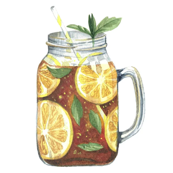 Watercolor illustration tea in mason jar
