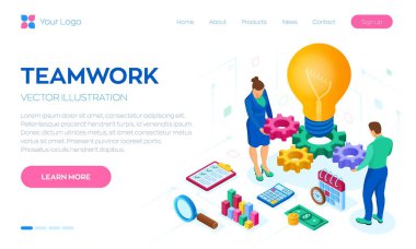 Takım çalışması, işbirliği, ortaklık için iş konsepti. Yaratıcı bir fikir. Fikir üretme konsepti. Vitesli ampul. İnsanlar, takım, ampul ve simge ile vektör illüstrasyon bilgi şablonu.