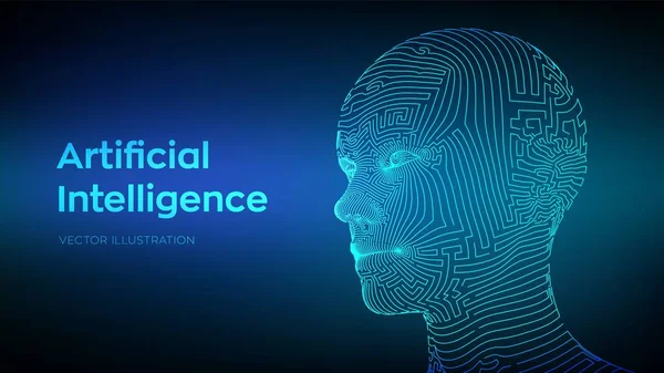 Artifactial intelligence concept. Ai digital brain. Abstract digital human face. Human head in robot computer interpretation. Robotics concept. Wireframe head concept. Vector illustration. — Stock Photo, Image