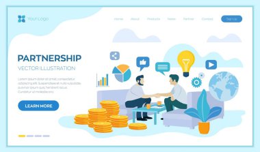 Ortaklık kavramı. Yaratıcı projelerin finansmanı. İki iş adamının tokalaşması. Partilerin anlaşması. Belgeleri imzalıyorum. Yatırımcı fikirlere para yatırıyor. İş ekibi. Vektör illüstrasyonu.