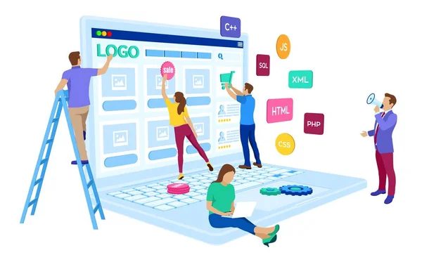 Web development. Project team of engineers for website create. Webpage building. UI UX design. Characters on a concept. Web agency. Template for programmer or designer. Vector illustration. — Stock Vector