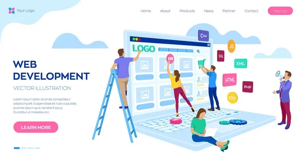 Web development. Project team of engineers for website create. Webpage building. UI UX design. Characters on a concept. Web agency. Template for programmer or designer. Vector illustration. — Stock Vector