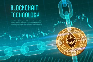 Ethereum. Kripto para birimi. Blok zinciri. mavi mali arka planda tel kafes zincir ile 3D izometrik fiziksel altın Ethereum sikke. Blockchain kavramı. Düzenlenebilir şablon. Vektör Illustration.