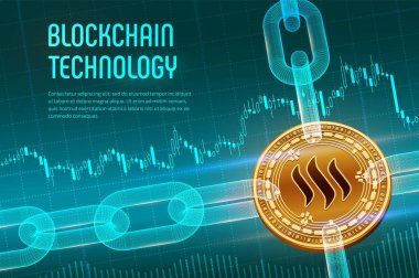 Steem. Kripto para birimi. Blok zinciri. mali arka planda tel kafes zinciri ile 3D izometrik fiziksel altın Steem sikke. Blockchain kavramı. Düzenlenebilir cryptocurrency şablonu. Vektör Illustration.