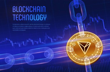 Tron. Crypto currency. Block chain. 3D isometric Physical golden Tron coin with wireframe chain on blue financial background. Blockchain concept. Editable Cryptocurrency template. Vector illustration. clipart