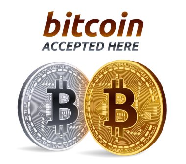 Bitcoin kabul edilen işaret amblemi. metin ile 3D izometrik fiziksel bit sikke burada kabul. Cryptocurrency. Altın ve gümüş sikke beyaz arka planda izole Bitcoin sembolü ile. Vektör Illustration.