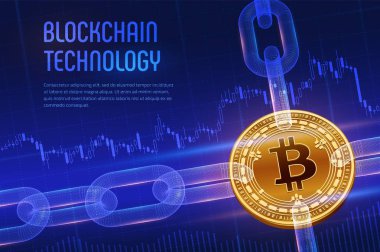 Kripto para birimi. Blok zinciri. Bitcoin nakit. mavi mali arka planda tel kafes zinciri ile 3D izometrik fiziksel altın Bitcoin nakit. Blockchain kavramı. Düzenlenebilir şablon. Vektör Illustration.