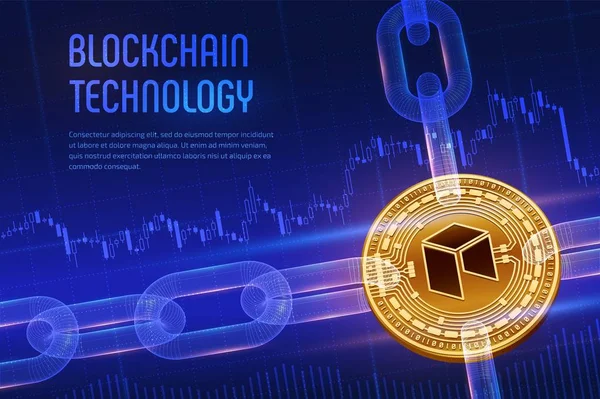 Neo. Kryptografická měna Blokový řetěz. 3D izometrická fyzická zlatá Neomince s drátový řetěz na modrém finančním pozadí. Koncept blokřetězce. Šablonou upravitelné Kryptoměny. Vektorová ilustrace. — Stockový vektor