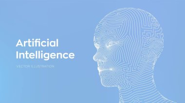 Al. Yapay zeka konsepti. Ai dijital beyin. Soyut dijital insan yüzü. Robot dijital bilgisayar yorumlamasında insan kafası. Robot konsepti. Kablo çerçeveli kafa konsepti. Vektör illüstrasyonu.