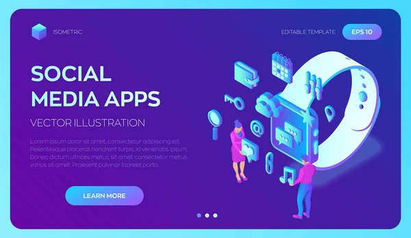 Social media apps on a Smart Watch. Social media 3d isometric icons. Mobile apps. Created For Mobile, Web, Decor, Application. Vector illustration infographic template with people and icons.