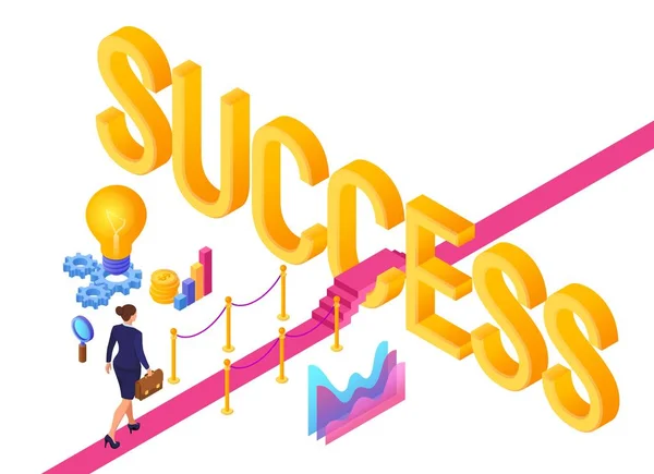 Road to success. Business Strategy Concept. Business woman with briefcase in hand walking on red carpet to the success. Strategy and solutions for business leadership. Creative Idea. Vector. — Stock Vector