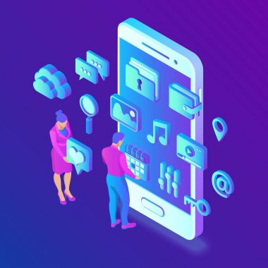 Akıllı telefondan sosyal medya uygulamaları. Sosyal medya 3D izometrik simgeler. Mobil uygulamalar. Mobil, Web, Dekor ve Uygulama İçin Oluşturuldu. Kişiler ve simgelerle vektör illüstrasyon bilgi şablonu.