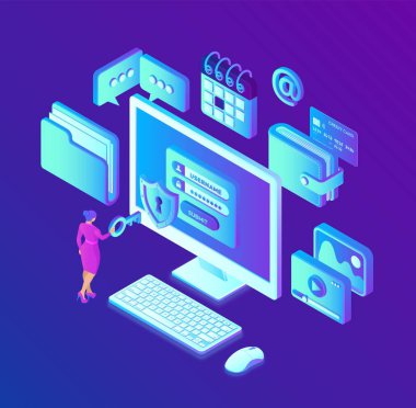Veri koruma. Ekranda yetki formu, kişisel verilerin korunması ile masaüstü pc. Kimlik doğrulama sistemi, veri erişimi, dizüstü bilgisayar ekranında giriş formu. 3d biyometrik tasarım. Vektör çizimi.