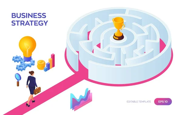 Businesswoman with briefcase in hand walking to the success through the labyrinth. Road to success. Gold Trophy Cup of the winner inside the maze. Business Strategy Concept. Vector Illustration. — Stock Vector