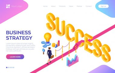 Başarıya giden yol. İş Stratejisi Kavramı. Elinde evrak çantası ile iş kadını başarı için kırmızı halı üzerinde yürüyüş. İş liderliği için strateji ve çözümler. Yaratıcı Fikir. Vektör.