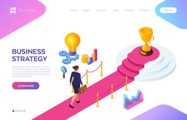 Altın Kupa Kupası'nda kazanan kırmızı halı yolunda. Elinde evrak çantası yla kırmızı halıda yürüyen iş kadını başarıya ulaşıyor. Başarıya giden yol. İş Stratejisi Kavramı. Vektör İllüstrasyonu.