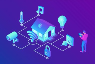Akıllı ev sistemi konsepti. 3d isometrik uzaktan ev kontrol sistemi. Iot kavramı. Akıllı ev bağlantısı ve ev ağı üzerinden cihazlarla kontrol. Nesnelerin interneti. Vektör çizimi.