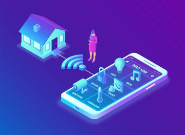 Akıllı ev sistemi konsepti. 3d isometrik uzaktan ev kontrol sistemi. Iot kavramı. Akıllı ev bağlantısı ve ev ağı üzerinden cihazlarla kontrol. Nesnelerin interneti. Vektör çizimi.