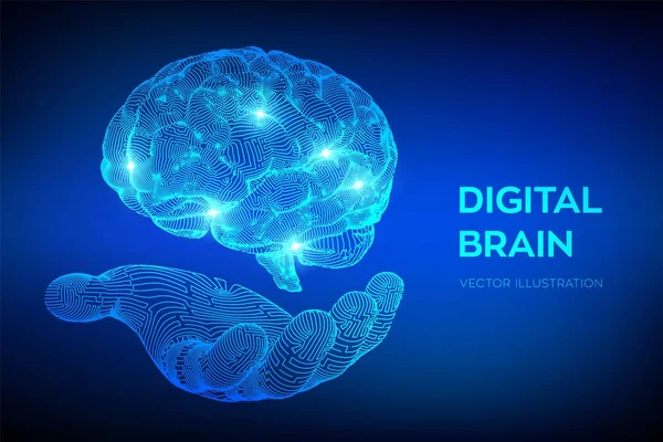 Hersenen. Digitale hersenen in de hand. 3D wetenschap en technologie concept. Neurale netwerk. IQ testen, kunstmatige intelligentie Virtual Emulation Science technologie. Brainstorm denk idee. Vector illustratie. — Stockvector