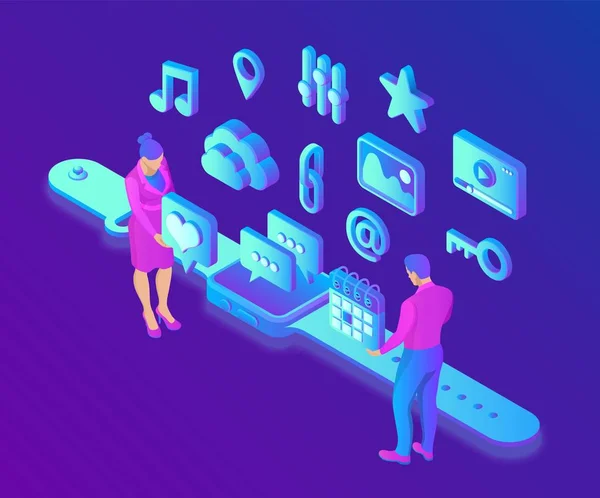 Social media apps op een Smart Watch. Sociale media 3d isometrische pictogrammen. Mobiele apps. Gemaakt voor Mobiel, Web, Decor, Toepassing. Vector illustratie infographic template met mensen en pictogrammen. — Stockvector