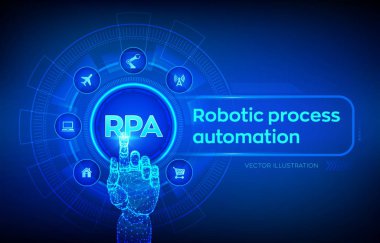 Rpa Robotic proses otomasyonu inovasyon teknolojisi konsepti sanal ekranda. Robotik el dijital arayüze dokunuyor. Aı. Yapay zeka. Makine öğrenimi. Vektör çizimi.