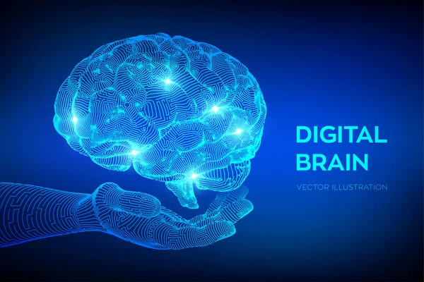 大脑。数字大脑在手。3d 科技概念。神经网络。Iq测试，人工智能虚拟仿真科技。集思广益的想法。矢量插图. — 图库矢量图片