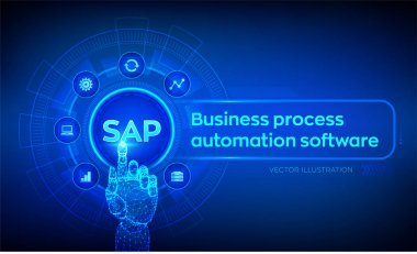 Sap Business süreç otomasyon yazılımı. Sanal ekranda Erp kurumsal kaynak planlama sistemi kavramı. Robotik el dijital arayüze dokunuyor. Aı. Yapay zeka. Vektör çizimi.