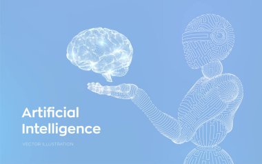 Aı. Yapay zeka. Cyborg veya bot şeklinde Ai. Tel kafes robotu. Dijital beyin. Beyin robotik el. Makine öğrenimi. Geleceğin grafik tasarım konsepti. Vektör çizimi.