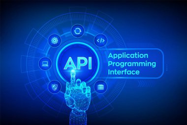 API. Application Programming Interface, software development tool, information technology and business concept on virtual screen. Robotic hand touching digital interface. AI. Vector illustration clipart svg vector 