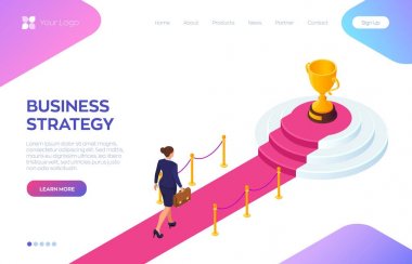 Altın Kupa Kupası'nda kazanan kırmızı halı yolunda. Elinde evrak çantası yla kırmızı halıda yürüyen iş kadını başarıya ulaşıyor. Başarıya giden yol. İş Stratejisi Kavramı. Vektör İllüstrasyonu.