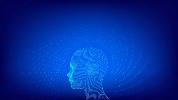 Det är AI. Begreppet artificiell intelligens. Ai digital hjärna. Abstrakt digitalt mänskligt ansikte. Människans huvud i robot digital datortolkning. Robotkoncept. Trådramshuvud koncept. Vektorillustration. — Stock vektor