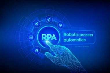 Rpa Robotic proses otomasyonu inovasyon teknolojisi konsepti sanal ekranda. Tel çerçeveli robotik el dijital grafik arayüzü dokunmadan. Aı. Yapay zeka. Vektör çizimi.