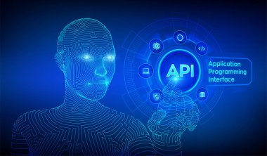 Apı. Uygulama Programlama Arayüzü, yazılım geliştirme aracı, bilgi teknolojisi ve sanal ekranda iş kavramı. Tel çerçeveli cyborg el dijital arayüz dokunmadan. Aı. Vektör.